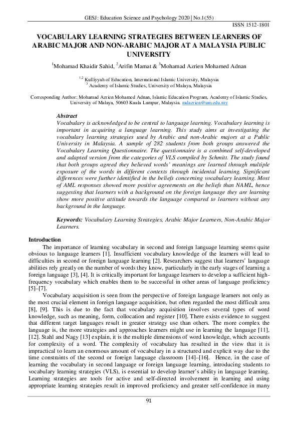 (PDF) Vocabulary Learning Strategies Between Learners of Arabic Major ...