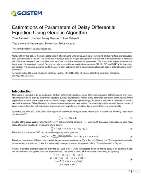 (PDF) Estimations of Parameters of Delay Differential Equation Using ...