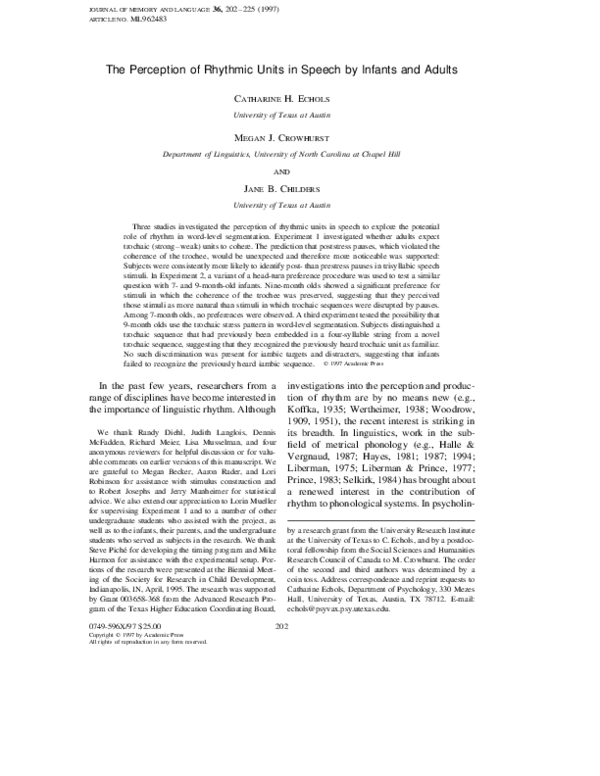 (PDF) The Perception of Rhythmic Units in Speech by Infants and Adults