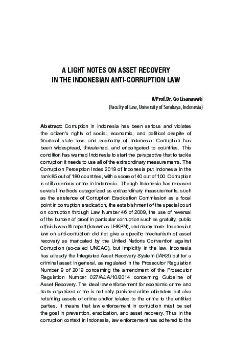 (PDF) A Light Notes On Asset Recovery In The Indonesian Anti-Corruption Law