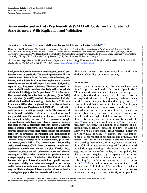 (PDF) Sensorimotor and Activity Psychosis-Risk (SMAP-R) Scale: An ...