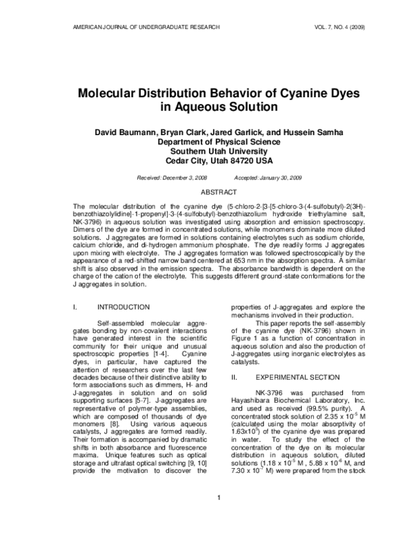 (PDF) Molecular Distribution Behavior of Cyanine Dyes in Aqueous Solution