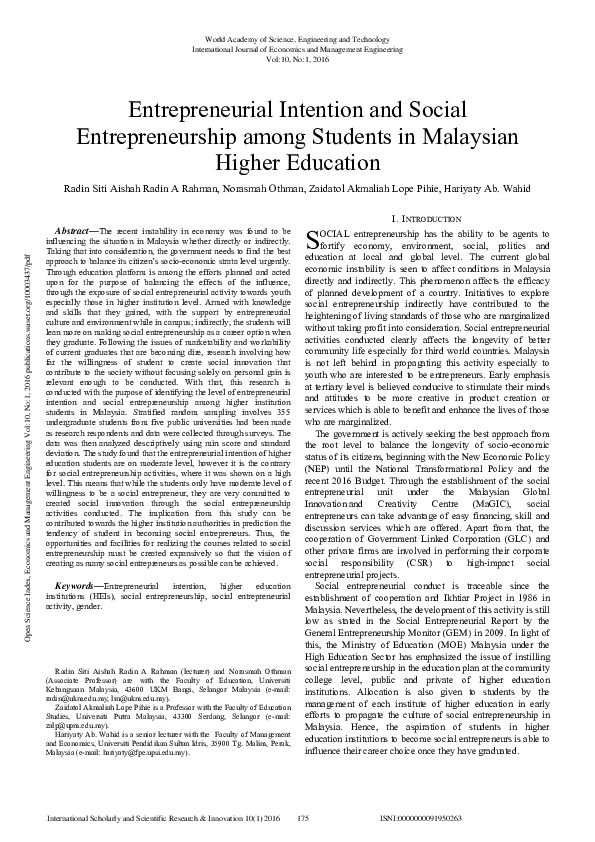 (PDF) Entrepreneurial Intention And Social Entrepreneurship Among ...