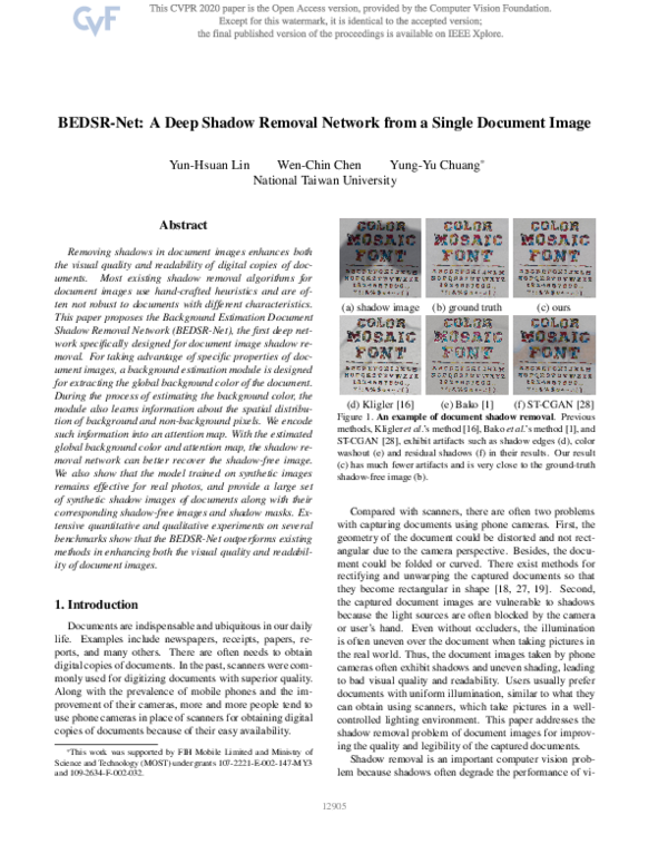 (PDF) BEDSR-Net: A Deep Shadow Removal Network From a Single Document Image