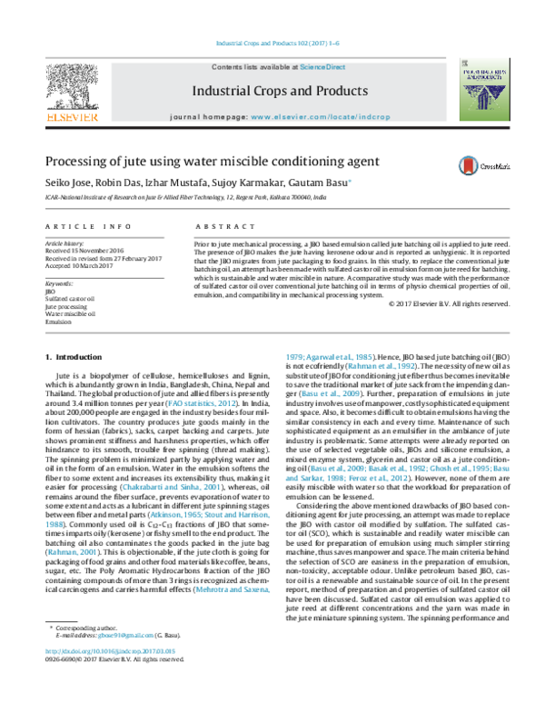 (PDF) Processing of jute using water miscible conditioning agent