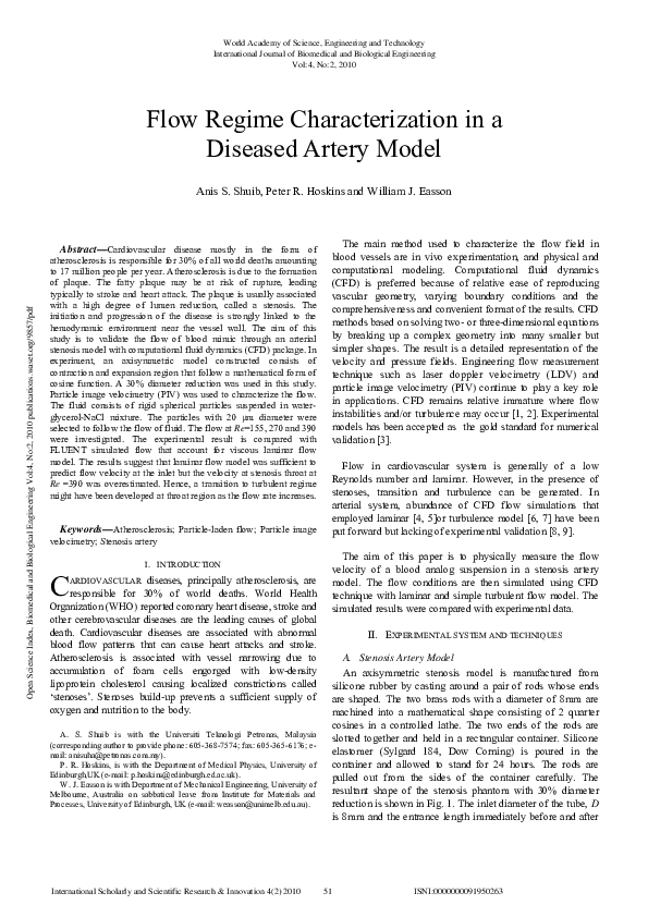 (PDF) Flow Regime Characterization In A Diseased Artery Model