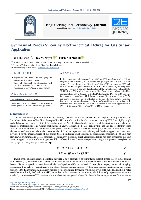 (PDF) Synthesis of Porous Silicon by Electrochemical Etching for Gas ...