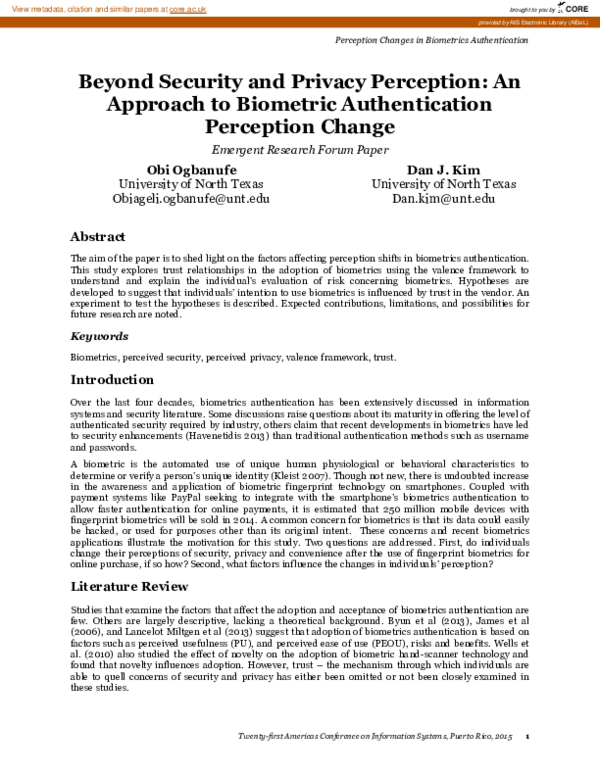 (PDF) Beyond Security and Privacy Perception: An Approach to Biometric ...