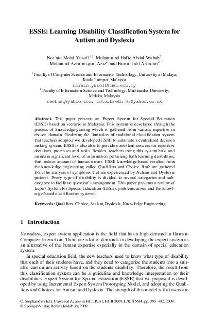 (PDF) ESSE: Learning Disability Classification System for Autism and ...