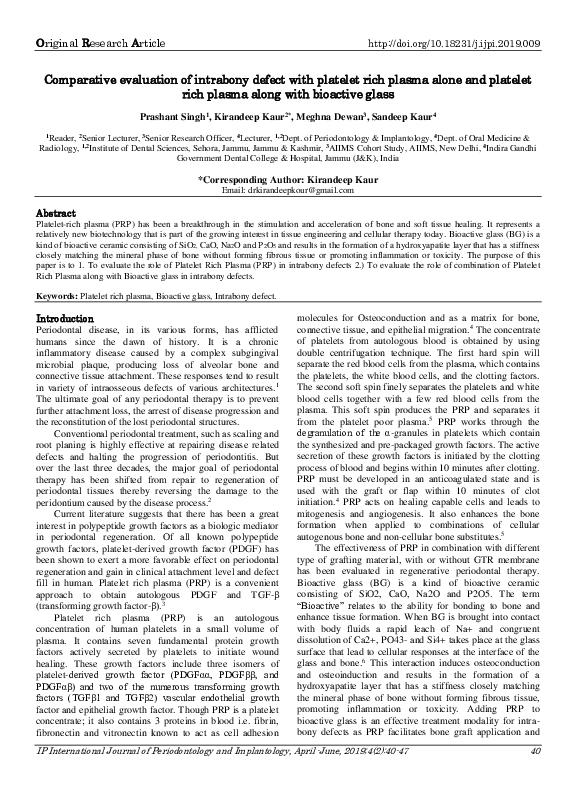 (PDF) Comparative evaluation of intrabony defect with platelet rich ...