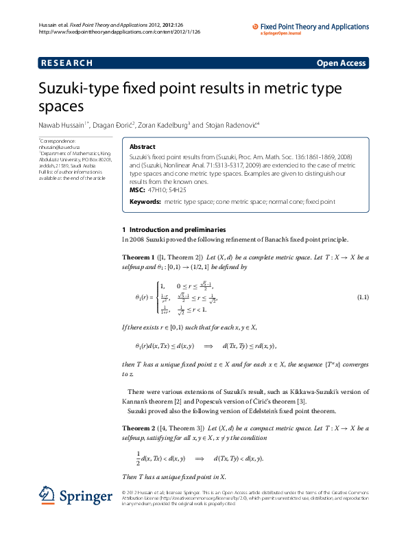 (PDF) Suzuki-type fixed point results in metric type spaces