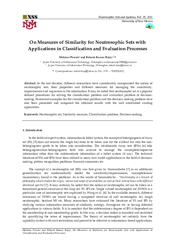 (PDF) On Measures of Similarity for Neutrosophic Sets with Applications ...