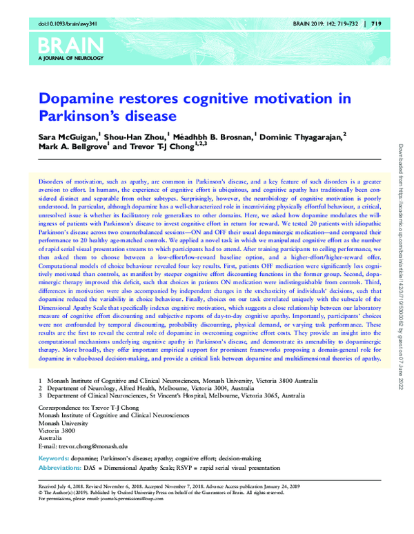 (PDF) Dopamine restores cognitive motivation in Parkinson’s disease