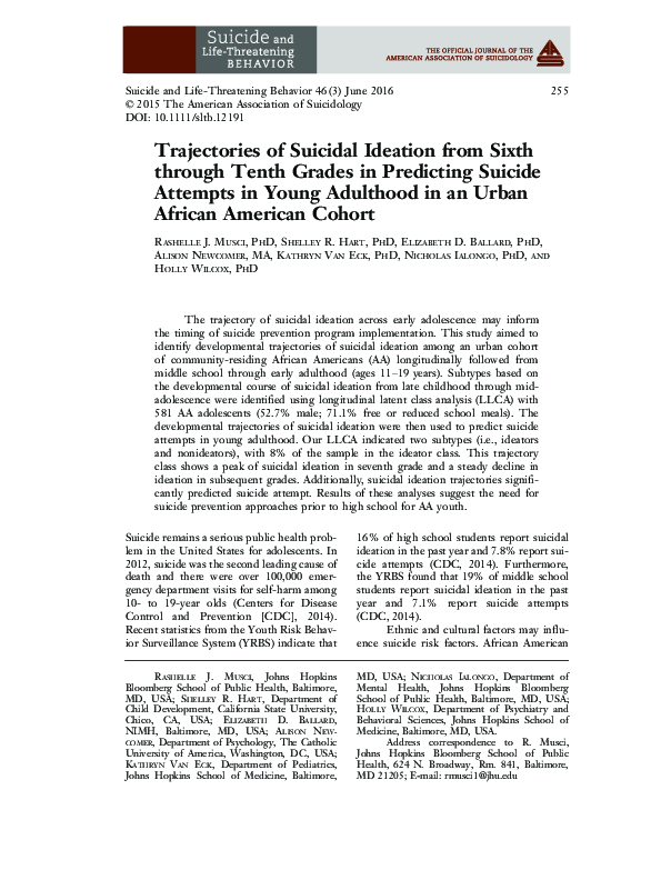 (PDF) Trajectories of Suicidal Ideation from Sixth through Tenth Grades ...