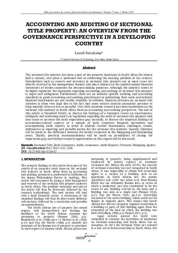 (PDF) Accounting and Auditing of Sectional Title Property An Overview