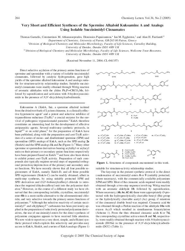 Very Short and Efficient Syntheses of the Spermine Alkaloid Kukoamine A and Analogs Using Isolable Succinimidyl Cinnamates