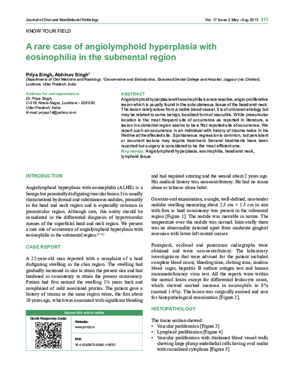 (PDF) A rare case of angiolymphoid hyperplasia with eosinophilia in the ...