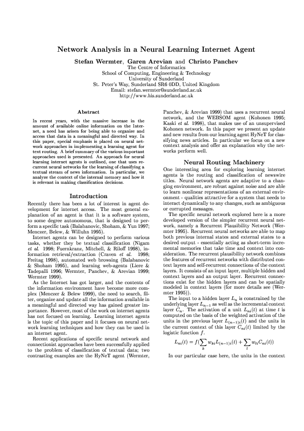 (PDF) Network analysis in a neural learning internet agent