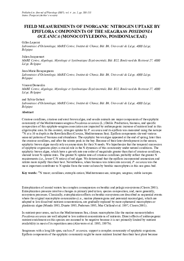 (PDF) Field Measurements of Inorganic Nitrogen Uptake by Epiflora ...