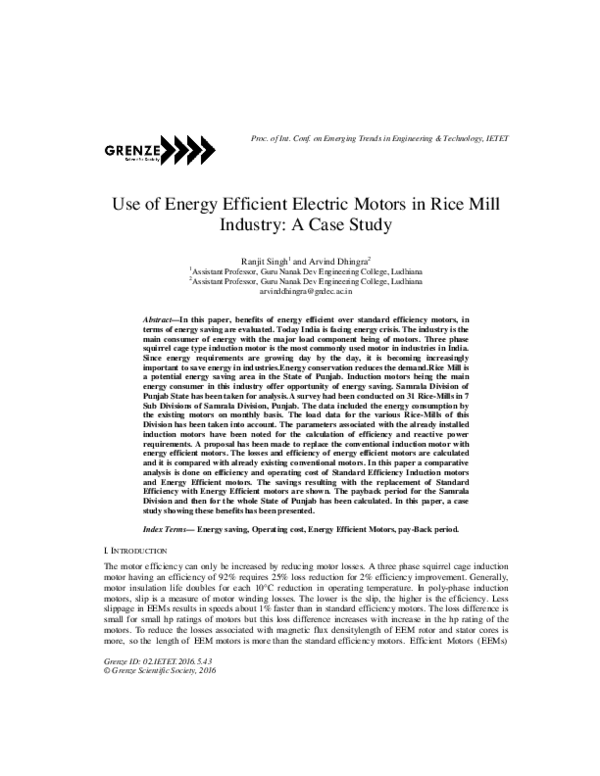 (PDF) Use of Energy Efficient Electric Motors in Rice Mill Industry: A ...