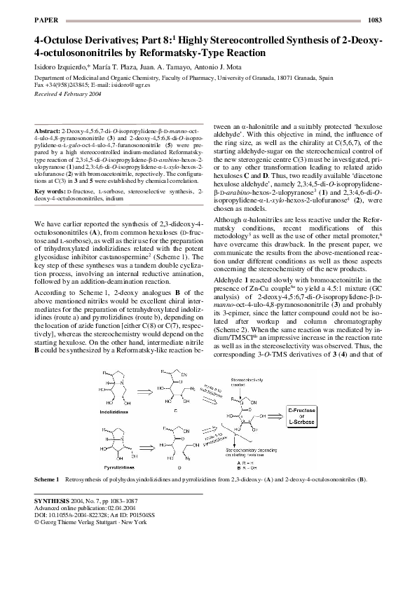 (PDF) 4-Octulose Derivatives; Part 8: 1 Highly Stereocontrolled ...