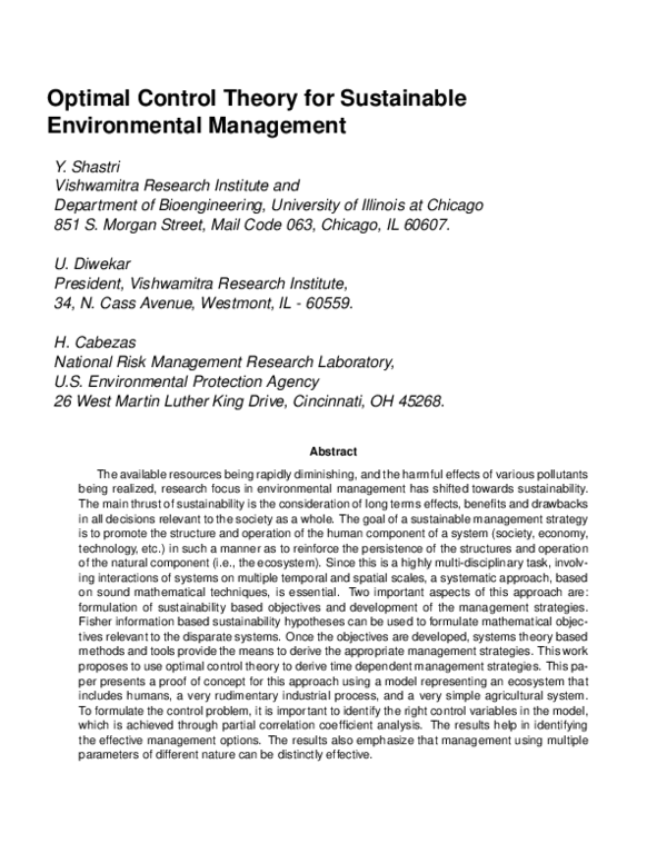 (PDF) Optimal Control Theory for Sustainable Environmental Management