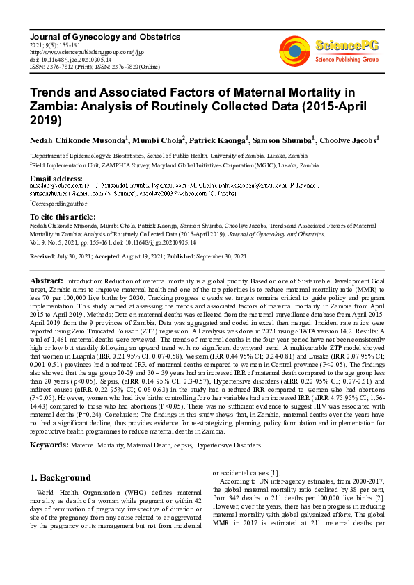 (PDF) Trends and Associated Factors of Maternal Mortality in Zambia ...