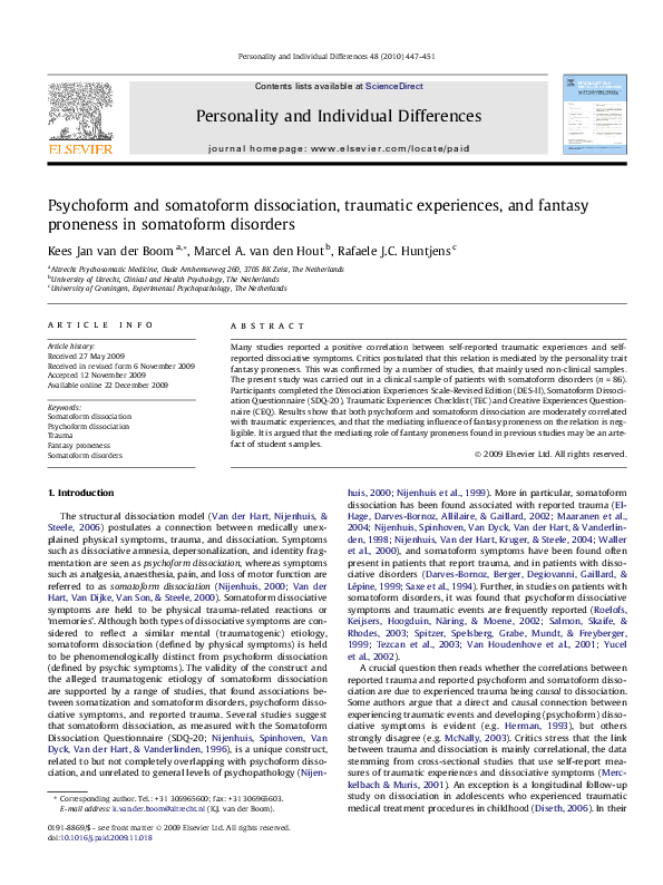 (PDF) Psychoform and somatoform dissociation, traumatic experiences ...