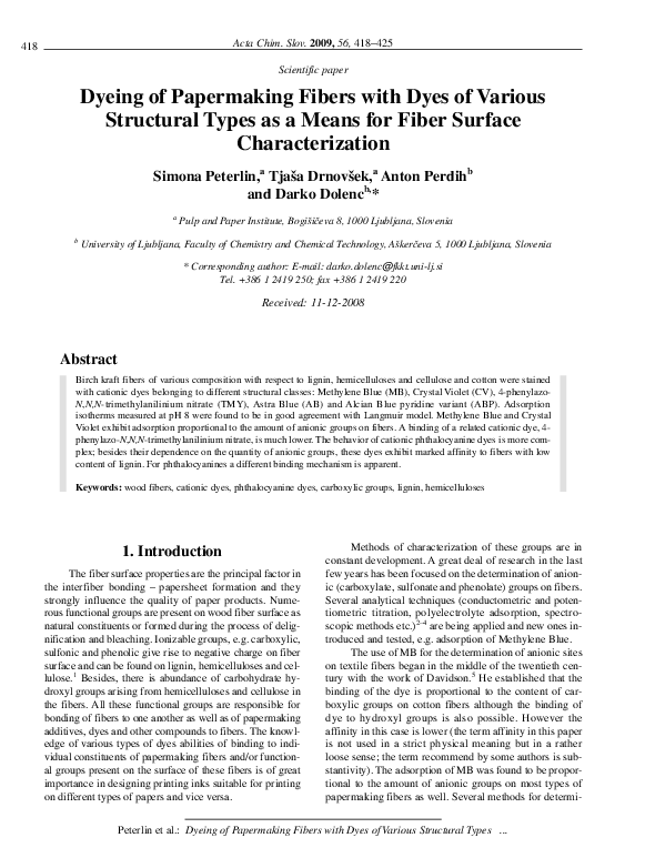 (PDF) Dyeing of Papermaking Fibers with Dyes of Various Structural