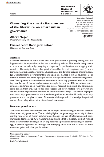 (PDF) Governing the smart city: a review of the literature on smart ...
