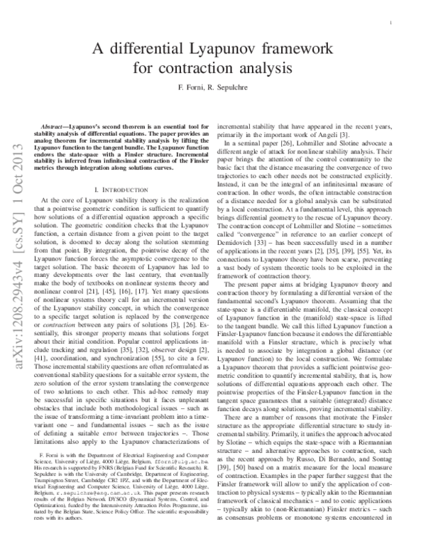 (PDF) A Differential Lyapunov Framework for Contraction Analysis