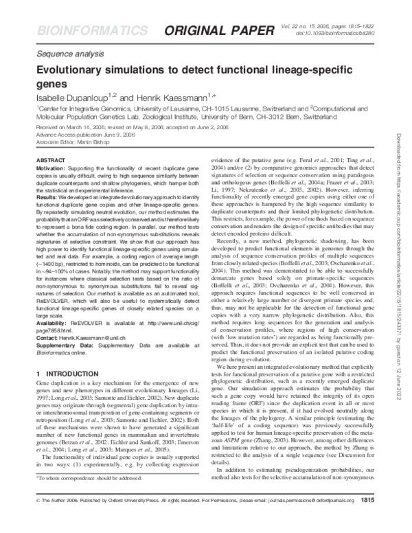  pdf evolutionary simulations to detect functional lineage specific genes