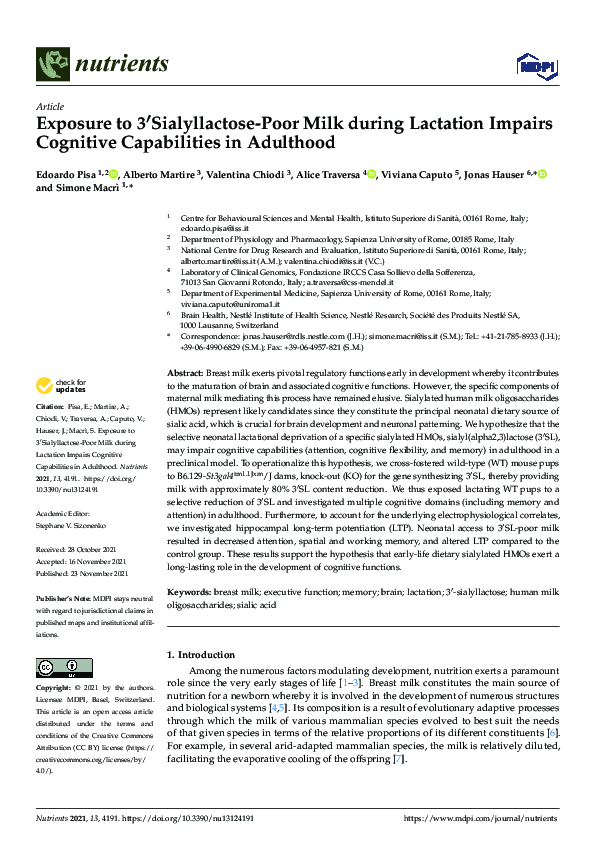 (PDF) Exposure to 3′Sialyllactose-Poor Milk during Lactation Impairs ...