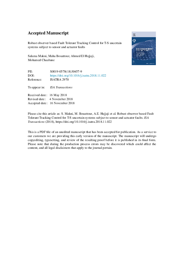 (PDF) Robust Observer-Based Fault Tolerant Tracking Control for Linear ...