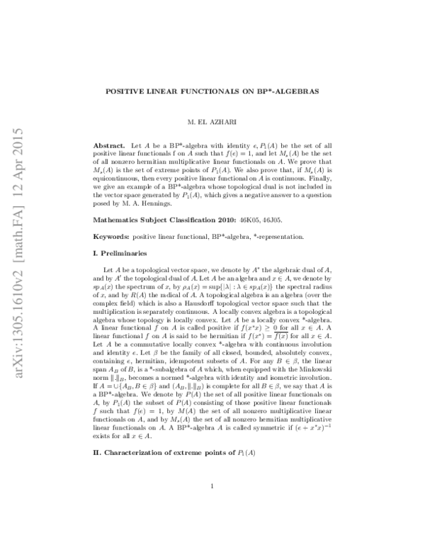 (PDF) Positive linear functionals on BP*-algebras