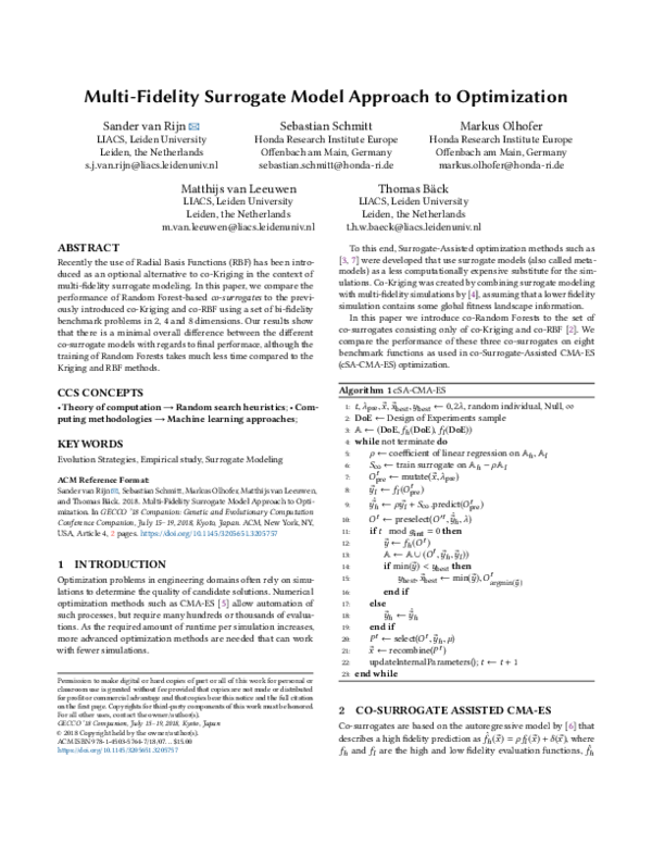 (PDF) Multi-fidelity surrogate model approach to optimization