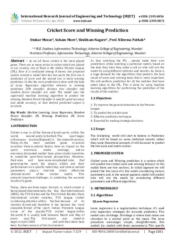 (PDF) Cricket Score and Winning Prediction