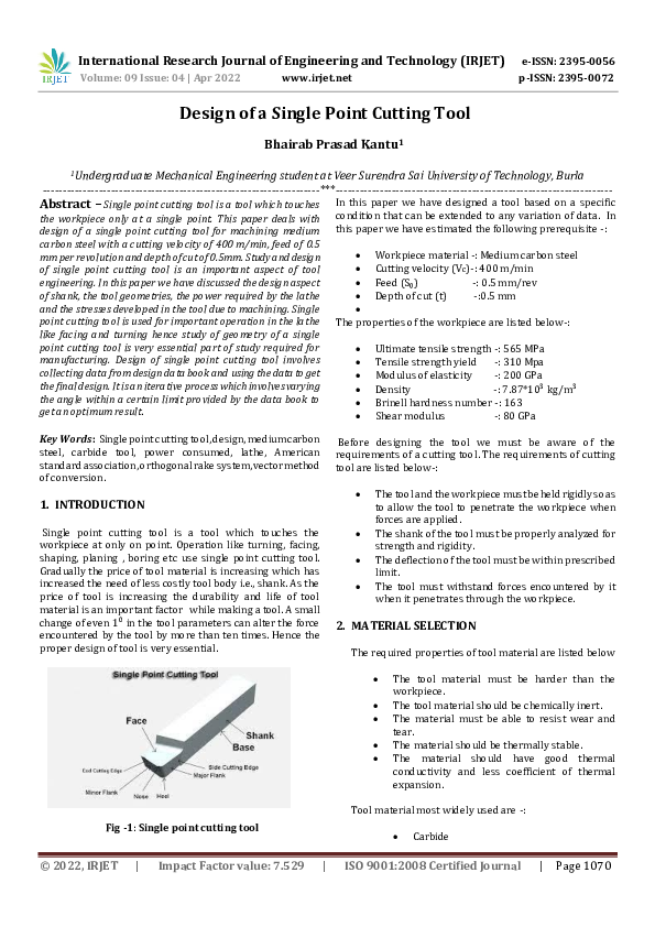 (PDF) Design of a Single Point Cutting Tool