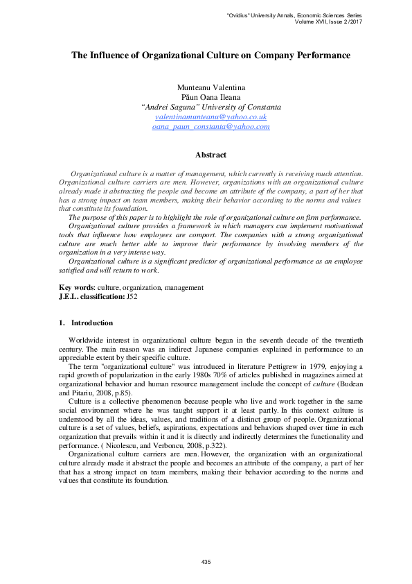 (PDF) Influence of organizational culture on company performance