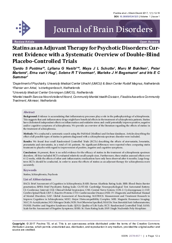 (PDF) Statins as an Adjuvant Therapy for Psychotic Disorders: Current ...