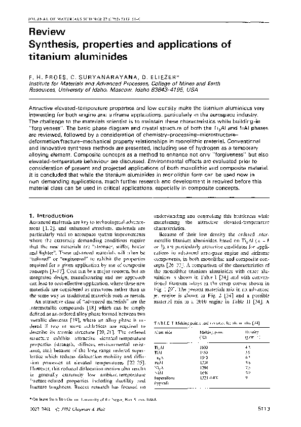 (PDF) Synthesis, properties and applications of titanium aluminides Challapalli Suryanarayana