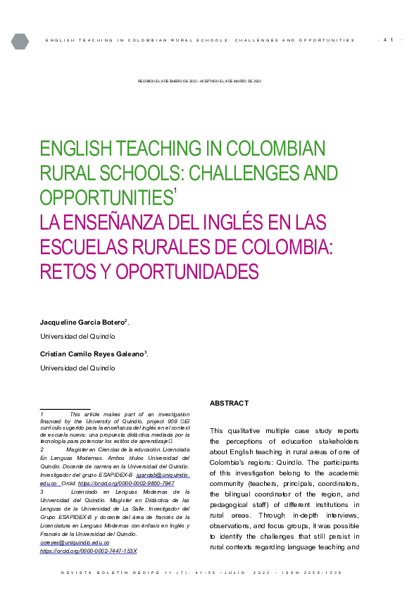(PDF) English teaching in Colombian rural schools: Challenges and ...