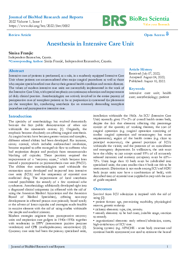 Pdf Anesthesia In Intensive Care Unit