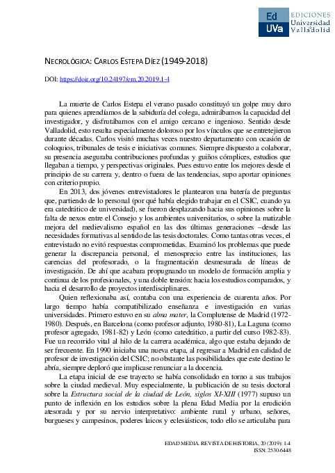 Necrológica: Carlos Estepa Díez (1949-2018)