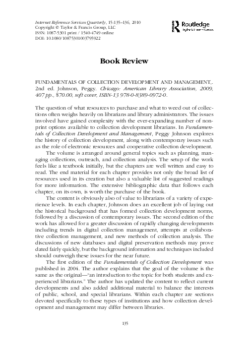 (PDF) A Review of “Fundamentals of Collection Development and Management”