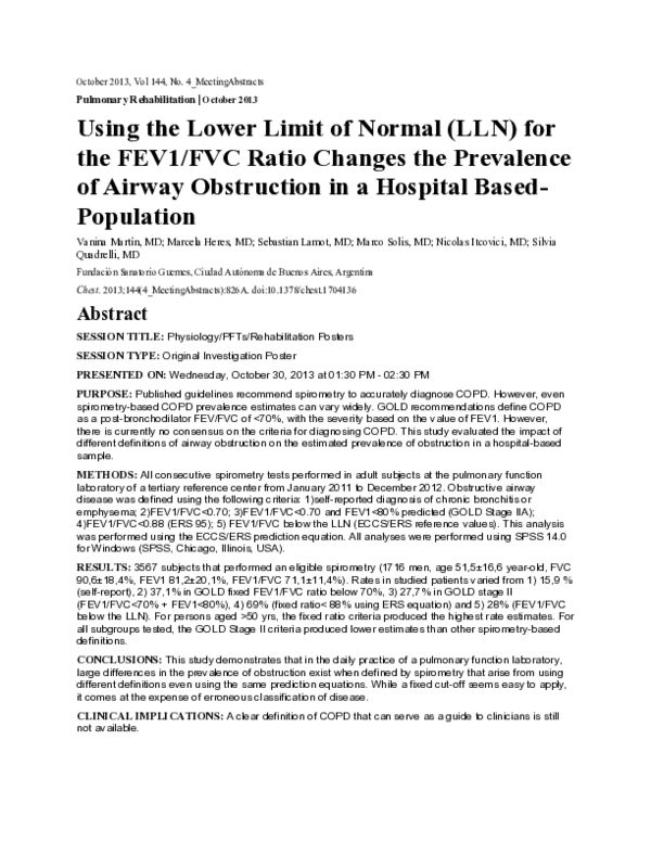 (PDF) Using the Lower Limit of Normal (LLN) for the FEV1/FVC Ratio ...
