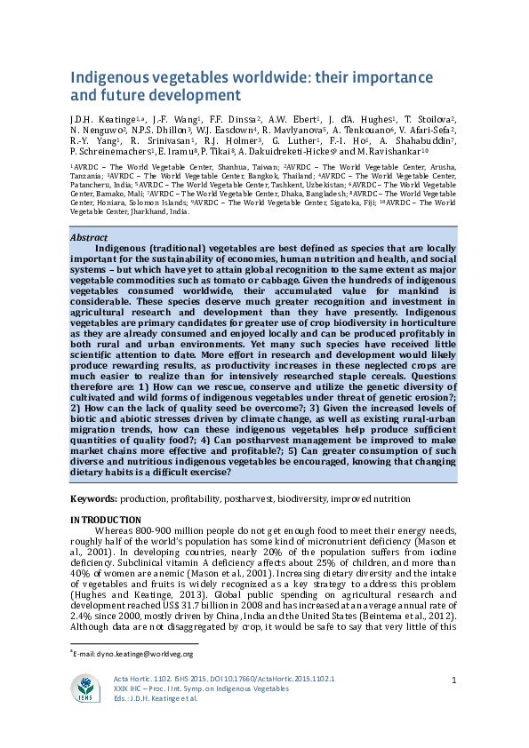 Pdf Indigenous Vegetables Worldwide Their Importance And Future