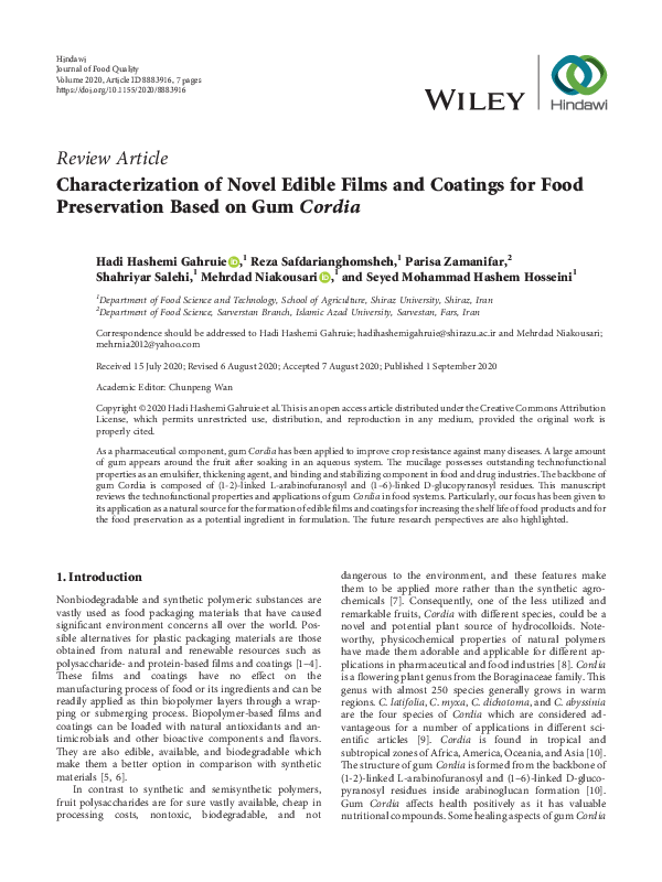 (PDF) Characterization of Novel Edible Films and Coatings for Food ...