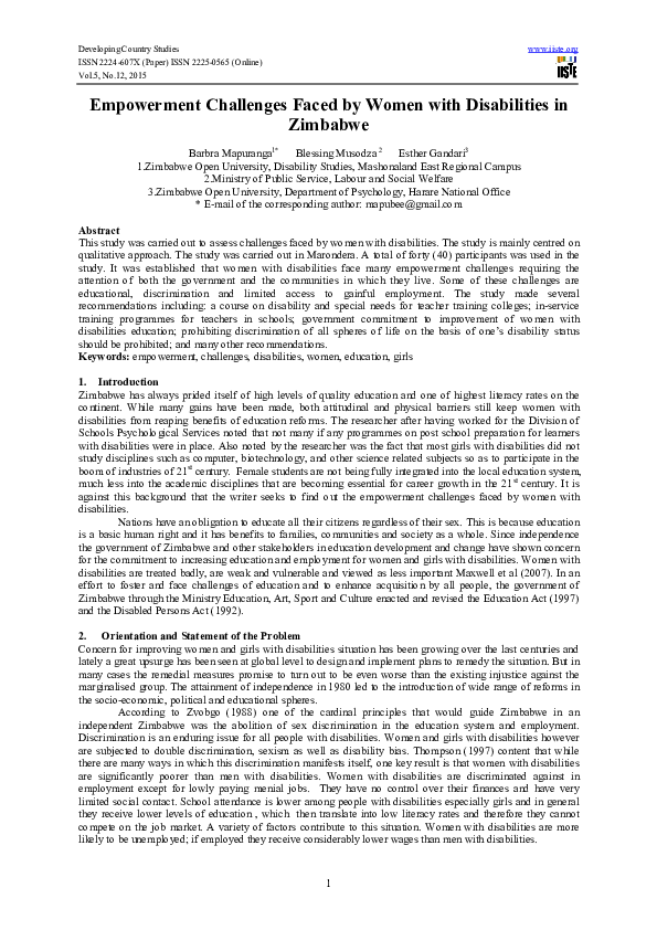 (PDF) Empowerment Challenges Faced by Women with Disabilities in Zimbabwe