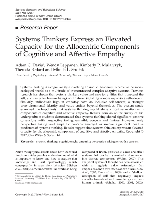 (PDF) Systems Thinkers Express an Elevated Capacity for the Allocentric ...